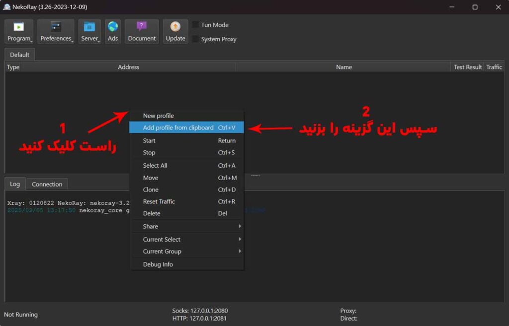 نشاندهنده مراحل افزودن پروفایل از کلیپبورد در NekoRay ویندوز است.